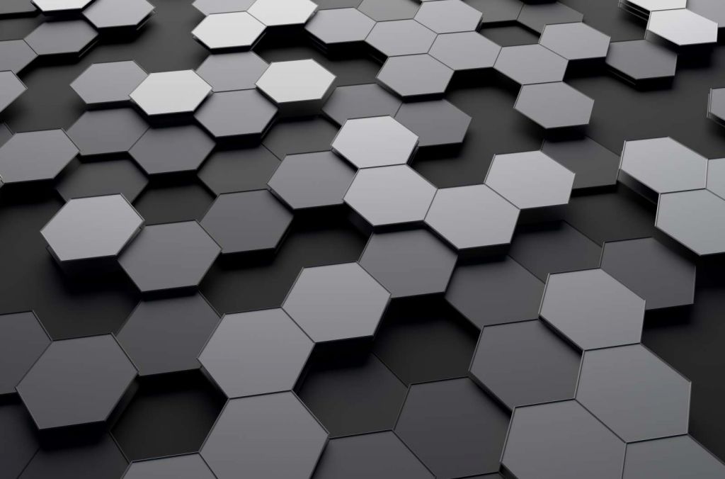 3D weergave van zeshoeken in zwart-wit