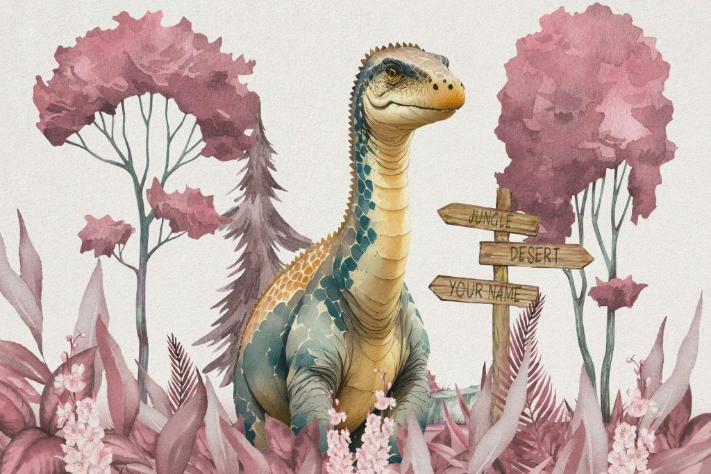 Baby brachiosaurus in de jungle roze